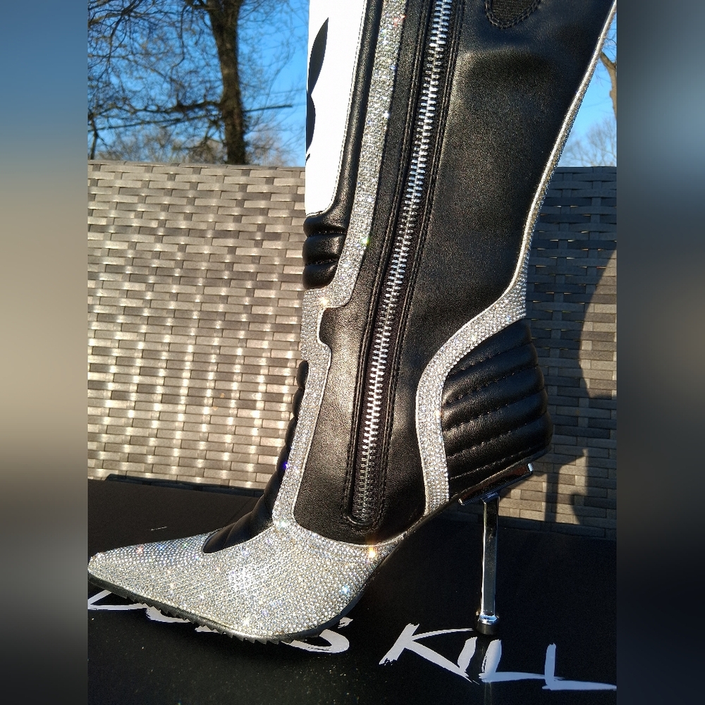 Dolls Kill x PLAYBOY™ Playmate Rhinestone Moto Stiletto Boots - Picture 8 of 9
